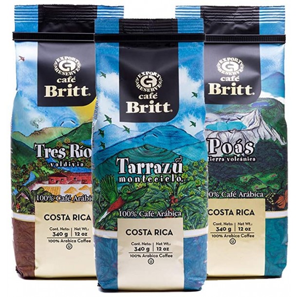 Café Britt® — Costa Rican Origins kafijas komplekts (12 oz.) (3 iepakojumi) (Tarrazú, Tres Ríos & Poás) — kafijas pupiņas, arabikas kafija, košers, bez lipekļa, gardēdis un vidēji gaišs un tumšs grauzdējums